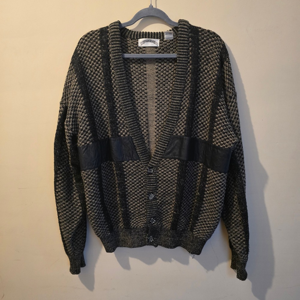Vintage 80s Marquis Cardigan Sweater Mens Large Black Tan Leather Patch Retro